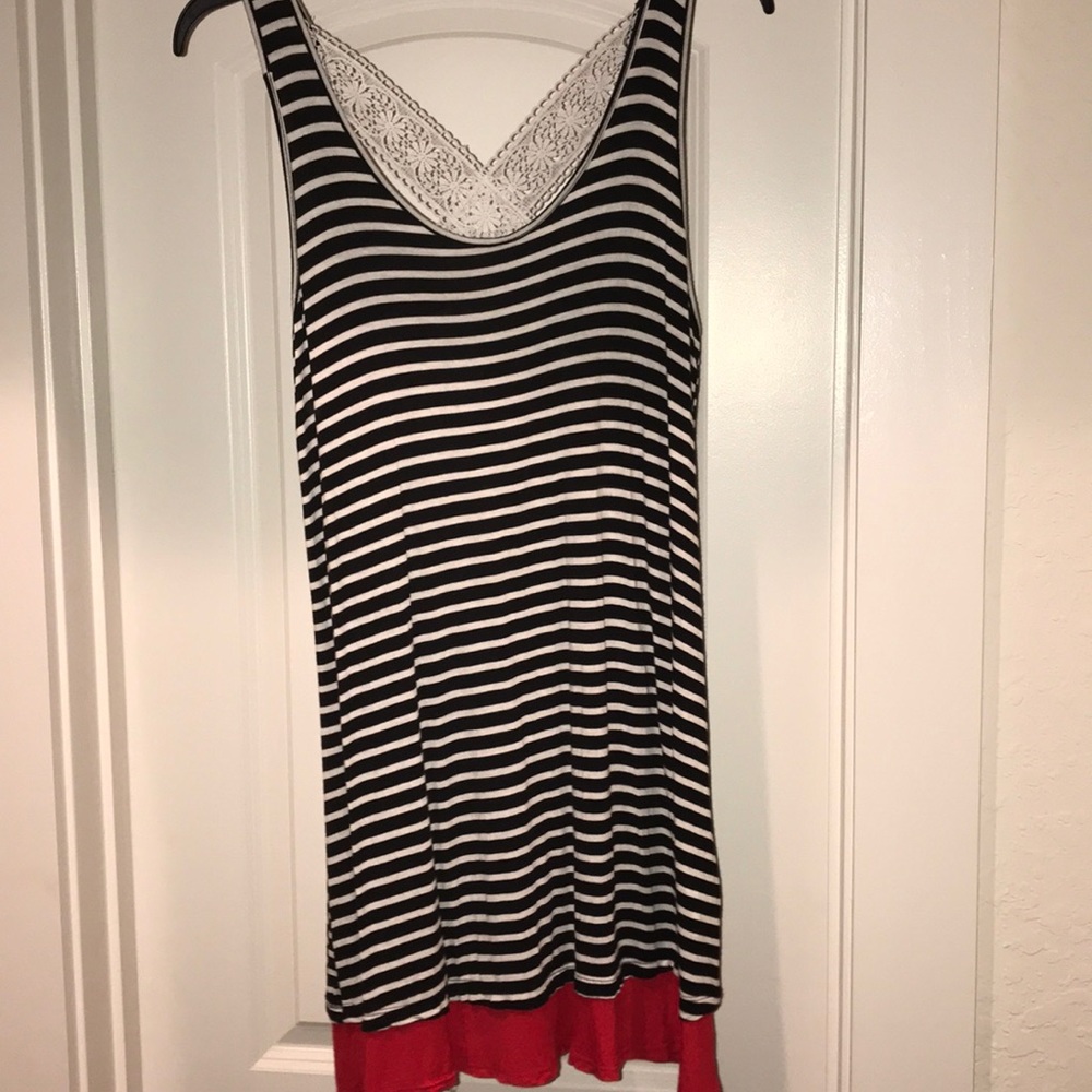 Super cute black/white Top with red trim & lace.